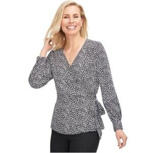 B7 Talbots Black White Pebble Print Wrap Blouse Long Sleeve‎ V-Neck Top